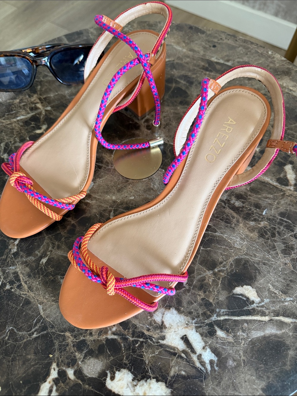 Arezzo Orange Leather Heeled Sandals with Pink & Purple Rope Ties - Picture 3 of 6